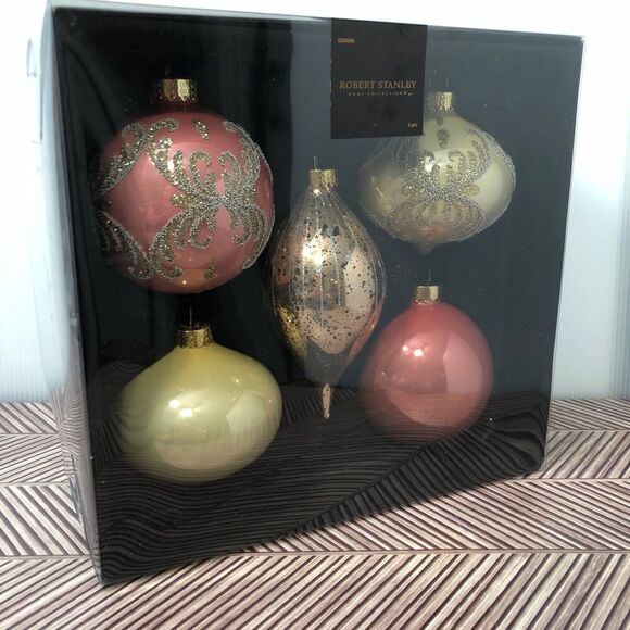 Robert Stanley Home Collection 5 Glass Christmas Ornaments Blush Pink Gold Tones - Picture 1 of 4